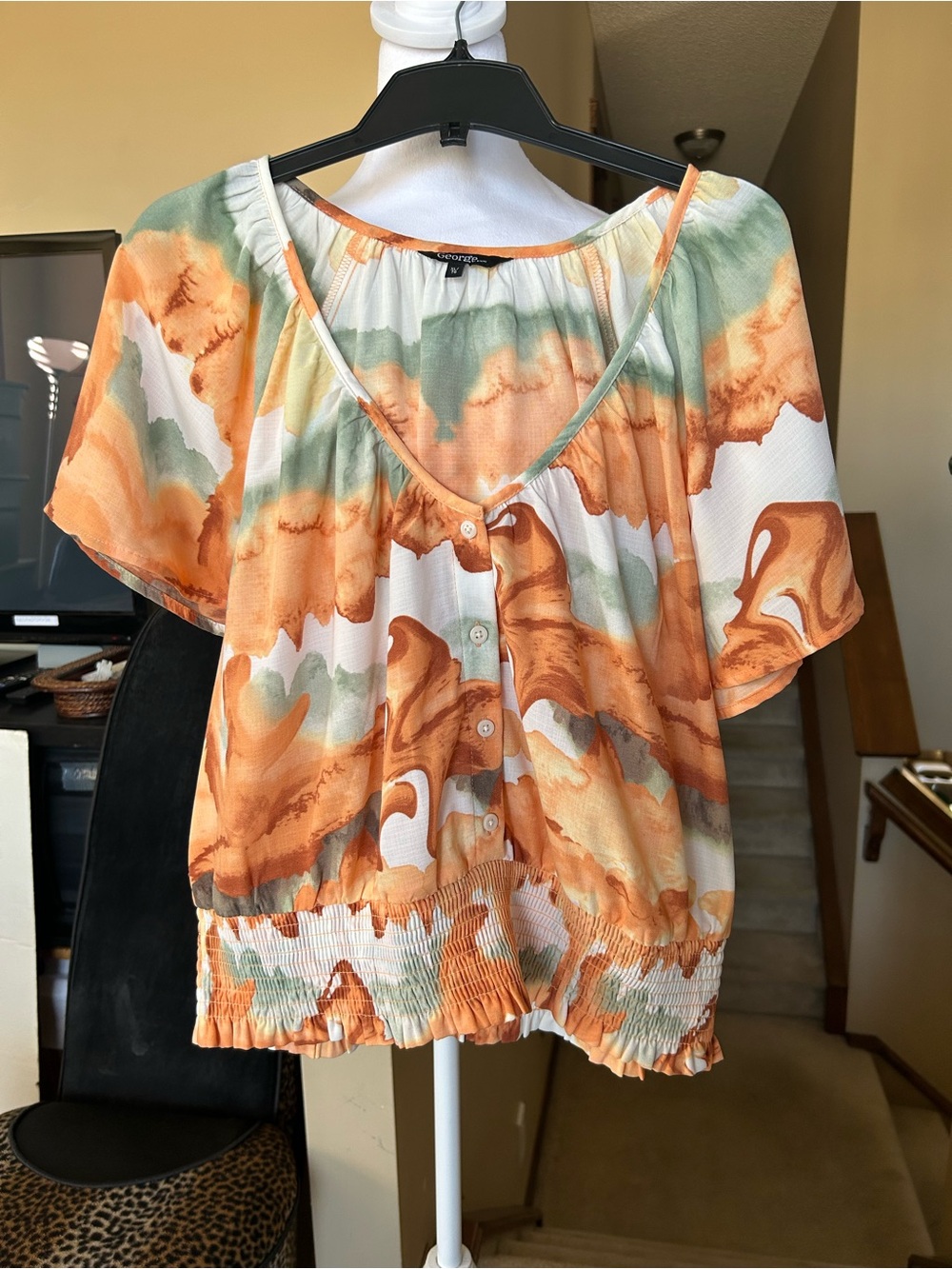 Orange flutter Sleeve/ Button Front/ Smocked waist flowy top